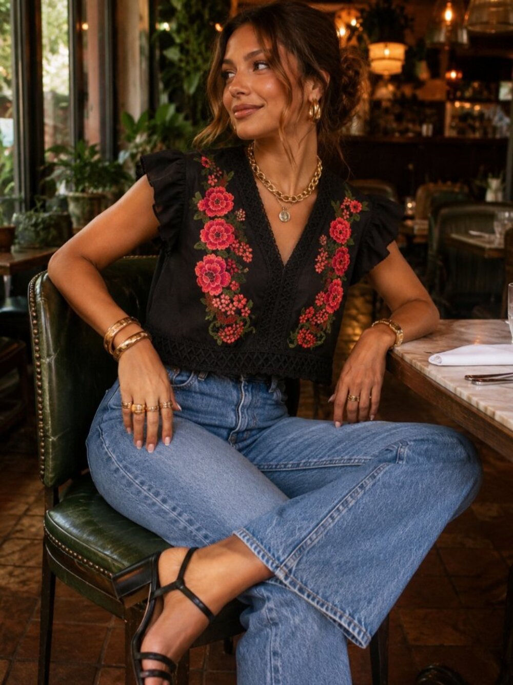 Boho Peasant Black Embroider Flutter Sleeve Dark Romantic Top